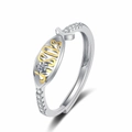 Adjustable silver Jesus fish ring with gold letters and sparkling micro-inlaid diamonds - Adjustable Open / Two-tone Plating