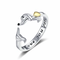 Adjustable dachshund dog ring in 925 silver with a golden heart and I love you engraving - Platinum Color (JZ0022)
