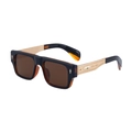 Vintage square sunglasses with black frames, brown lenses, and carved gold metal temples - Dark Tea Gold Full Tea (C19)