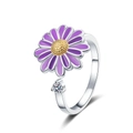 Adjustable silver spinner ring featuring a purple daisy and sparkling zirconia accent - Adjustable Open / Silver/Purple Daisy