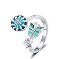 Rotating silver spinning ring with blue enamel butterfly and sparkling zircon crystals - Adjustable Open / White Gold