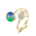 Golden open ring with blue enamel evil eye and sparkling Hamsa hand charms - Adjustable Open / Gold