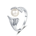 Elegant shell-shaped open ring in silver finish with a centered round pearl inlay - Adjustable Open / White Gold