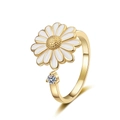 Rotating daisy fidget ring in golden finish with white enamel and sparkling crystal - Adjustable Open / Gold/White Daisy