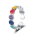 Adjustable silver ring with five colorful enamel smiley face motifs in retro style - Adjustable Open / White Gold