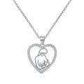 Mom heart necklace with cubic zirconia pendant and mother-child silhouette in silver - White Gold (XL0018)