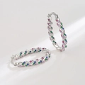 Rainbow twisted hoop earrings with multicolored zircon stones in silver finish - White Gold