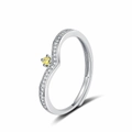 Silver V-shaped adjustable ring with a central yellow stone and pave crystal accents - Adjustable Open / Single Rhinestone