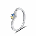 Silver V-shaped ring with pavé crystals and blue and yellow round gemstones - Adjustable Open / Two Stones