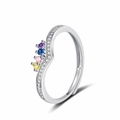 Rainbow gemstone V-shaped silver ring with micro-pave white zircon inlay for women - Adjustable Open / Four Diamonds
