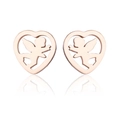 Detail of rose gold openwork heart earrings with a delicate Cupid angel design - Rose Gold