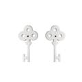 Macro shot of clover-top silver stainless steel key stud earrings in vintage style - Steel
