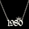 Detailed close-up of crown year 1980 number pendant on silver stainless steel link chain - Silver (1980)