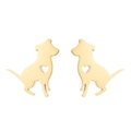 Detailed close-up of golden dog-shaped stud earrings with hollow heart cutouts - Gold