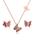 Rose gold stainless steel jewelry set featuring frosted double butterfly necklace and earrings - Set Rose Gold