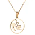 Gold stainless steel necklace featuring a laser-cut stretching cat in a hollow round pendant - Stretching Cat Style (713) / Gold