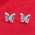 Silver double-layered butterfly stud earrings with frosted inner wings for women - Earrings Steel Color