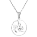 Minimalist silver stainless steel round hollow necklace with stretching cat silhouette - Stretching Cat Style (713) / Steel
