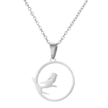 Silver stainless steel bird on branch silhouette necklace with circular hollow pendant - Round Bird Style (714) / Steel