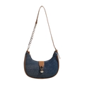 Borsa baguette in denim blu scuro con finiture in pelle marrone e catena argento - Marrone