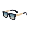 Square black frame sunglasses with gold engraved temples and blue-yellow gradient lenses - Bright Black Gold Frame Green Yellow Lens