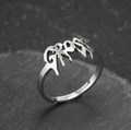 Retro stainless steel open ring with fluid gothic GHOST lettering on dark stone - Ghost Style (058) / Steel
