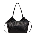 Grande borsa tote nera in pelle cerata da donna con fibbie argento e tracolle sottili - Nero