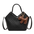 Sac seau tissé noir avec poignée en V et charmant pendentif petit chien marron - Avec Pendentif / Noir