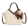 Sac seau tissé beige avec poignées en cuir marron et pendentif chien mignon - Avec Pendentif / Blanc Cassé