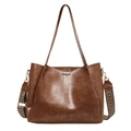Grand sac cabas vintage marron en cuir PU avec bandoulière tissée et texturée - Kaki