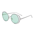 Silver hollow round frame sunglasses with light green lenses and double-rim metal design - Silver Frame Green Lens