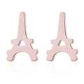 Detalle de pendientes de torre Eiffel en oro rosa pulido sobre un fondo blanco puro - Oro Rosa
