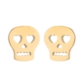 Detail of gold skull stud earrings with heart-shaped eyes and hollow nose design - Heart Eye Skull (291) / Gold
