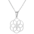 Silver stainless steel necklace with geometric hollow flower petal moon cat pendant - Mandala Floral Style (712) / Steel