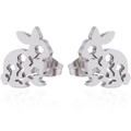 Detailaufnahme der süßen Hasen-Ohrstecker mit hohlem Blumenmuster in Silber-Optik - Hohlblumen-Stil (093) / Stahlfarbe