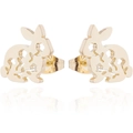 Detailansicht goldener Hasen-Ohrstecker mit feinem floralem Durchbruchmuster auf Weiß - Hohlblumen-Stil (093) / Gold