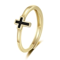Adjustable gold open ring featuring a minimalist black diamond-studded cross element - Black Enamel Cross Style (KL07 Gold)