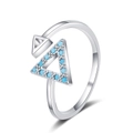 Minimalist open ring featuring blue gemstone-encrusted triangle and polished silver finish - Double Triangle Blue Stone Style (KL17 White Gold)