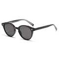Retro black round sunglasses with dark grey lenses and silver wing studs on a white background - C1 Glossy Black Full Grey