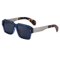 Men's square sunglasses featuring translucent blue frames and carved metal temples - Transparent Dark Blue Silver Frame (C7)