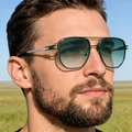 Fashionable men's metal double-bridge sunglasses with green frames and gradient lenses - Dark Green Metal Double Bridge Style (WF-2A804) / Dark Green