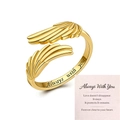 Detailed view of adjustable golden angel wing ring with Always With You engraving - Angel Wing Open Ring (With Accessories) / Gold Plated Ring With Card