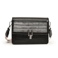Retro black leather square bag with textured finish and floral print wide shoulder strap - Black