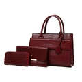 3-piece burgundy handbag set with crocodile pattern and metallic branding details - Burgundy