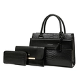 Three-piece black crocodile embossed handbag set including tote, clutch, and wallet - Black