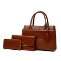 Brown crocodile pattern faux leather 3-piece handbag set with tote and wallets - Brown