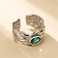 Adjustable silver lava texture ring featuring a green oval zircon stone inlay - Silver Base - Green Zirconia