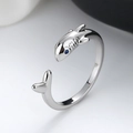 Bague requin en argent 925 avec œil en zircon bleu et finition polie miroir - Ouvert Réglable / Or Blanc