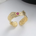 Minimalist gold-plated textured open ring featuring a sparkling red zircon stone inlay - Blue Zirconia (Adjustable) / Gold