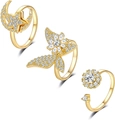 Detailed view of three gold rings featuring butterfly, moon, and flower zircon designs - Adjustable Open / Gold Set